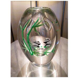 Heavy Thick Hand-Blown MCM Glass Vase with Embedded Pandas with Bamboo Shoots